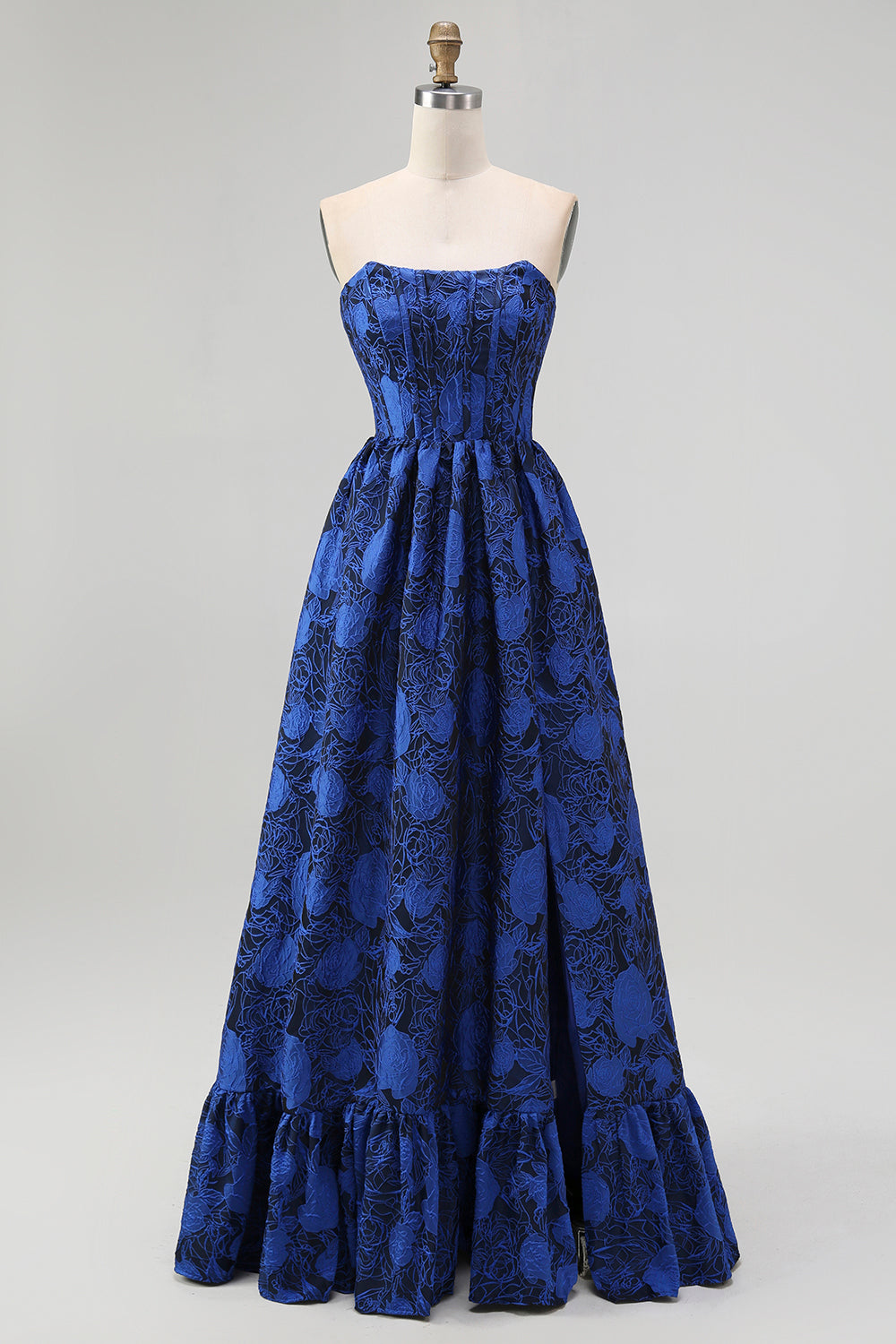 Wedtrend Women Dark Blue Wedding Guest Dress Floral Jacquard A-Line Strapless Ruffled Corset Long Formal Dress, Dark Blue / US10 Wedtrend Women Dark Blue Wedding Guest Dress Floral Jacquard A-Line Strapless Ruffled Corset Long Formal Dress, Dark Blue / US10