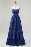 Dark Blue A-Line Strapless Floral Jacquard Ruffled Corset Maxi Dress