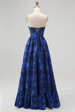 Dark Blue A-Line Strapless Floral Jacquard Ruffled Corset Maxi Dress