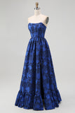 Dark Blue A-Line Strapless Floral Jacquard Ruffled Corset Maxi Dress