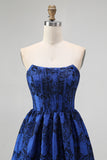 Dark Blue A-Line Strapless Floral Jacquard Ruffled Corset Maxi Dress