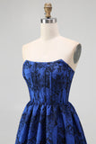 Dark Blue A-Line Strapless Floral Jacquard Ruffled Corset Maxi Dress