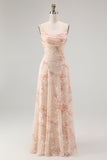 A-Line Champagne Floral Burnout Cowl Neck Maxi Dress with Lace Up Back