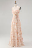 A-Line Champagne Floral Burnout Cowl Neck Maxi Dress with Lace Up Back