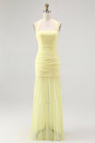 Sunshine Yellow Halter-Neck Chiffon Draped Long Bridesmaid Dress