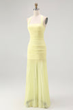 Sunshine Yellow Halter-Neck Chiffon Draped Long Bridesmaid Dress