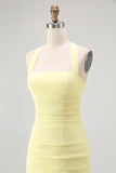 Sunshine Yellow Halter-Neck Chiffon Draped Long Bridesmaid Dress