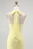Sunshine Yellow Halter-Neck Chiffon Draped Long Bridesmaid Dress
