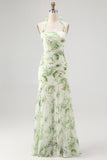 Green Halter-Neck Tie-Back Backless Pleated Floral Maxi Dress