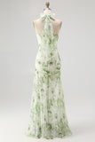 Green Halter-Neck Tie-Back Backless Pleated Floral Maxi Dress