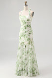 Green Halter-Neck Tie-Back Backless Pleated Floral Maxi Dress