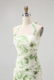 Green Halter-Neck Tie-Back Backless Pleated Floral Maxi Dress