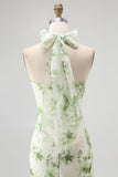 Green Halter-Neck Tie-Back Backless Pleated Floral Maxi Dress