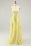Sunshine Yellow A-Line Spaghetti Straps Pleated Long Bridesmaid Dress