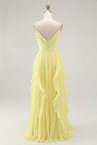 Sunshine Yellow A-Line Spaghetti Straps Pleated Long Bridesmaid Dress