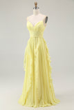 Sunshine Yellow A-Line Spaghetti Straps Pleated Long Bridesmaid Dress