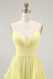 Sunshine Yellow A-Line Spaghetti Straps Pleated Long Bridesmaid Dress