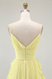 Sunshine Yellow A-Line Spaghetti Straps Pleated Long Bridesmaid Dress