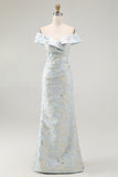 Light Blue Sheath Off The Shoulder Floral Jacquard Formal Dress