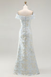 Light Blue Sheath Off The Shoulder Floral Jacquard Formal Dress