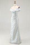 Light Blue Sheath Off The Shoulder Floral Jacquard Formal Dress