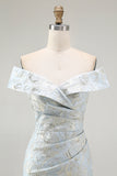 Light Blue Sheath Off The Shoulder Floral Jacquard Formal Dress