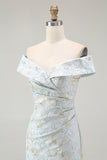 Light Blue Sheath Off The Shoulder Floral Jacquard Formal Dress