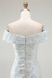 Light Blue Sheath Off The Shoulder Floral Jacquard Formal Dress