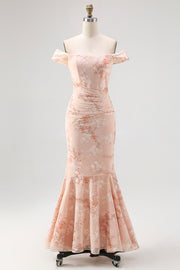 Champagne Mermaid Off The Shoulder Floral Burnout Ruffled Maxi Dress