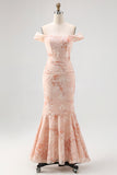 Champagne Mermaid Off The Shoulder Floral Burnout Ruffled Maxi Dress