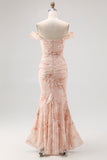 Champagne Mermaid Off The Shoulder Floral Burnout Ruffled Maxi Dress