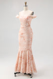 Champagne Mermaid Off The Shoulder Floral Burnout Ruffled Maxi Dress
