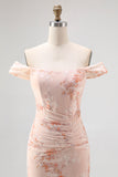 Champagne Mermaid Off The Shoulder Floral Burnout Ruffled Maxi Dress
