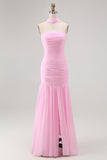 Pink Strapless Ruched Mermaid Long Bridesmaid Dress with Slit
