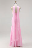 Pink Strapless Ruched Mermaid Long Bridesmaid Dress with Slit