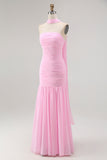 Pink Strapless Ruched Mermaid Long Bridesmaid Dress with Slit