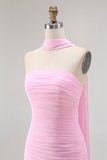 Pink Strapless Ruched Mermaid Long Bridesmaid Dress with Slit