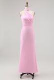 Simple Blush Sheath Backless Halter Chiffon Long Bridesmaid Dress