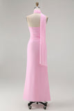 Simple Blush Sheath Backless Halter Chiffon Long Bridesmaid Dress
