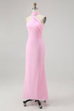 Simple Blush Sheath Backless Halter Chiffon Long Bridesmaid Dress