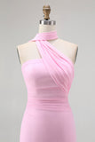 Simple Blush Sheath Backless Halter Chiffon Long Bridesmaid Dress