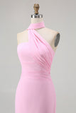 Simple Blush Sheath Backless Halter Chiffon Long Bridesmaid Dress