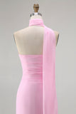 Simple Blush Sheath Backless Halter Chiffon Long Bridesmaid Dress