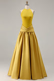 Bronze A Line Halter Satin Ruched Open Back Long Prom Dress