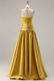 Bronze A Line Halter Satin Ruched Open Back Long Prom Dress