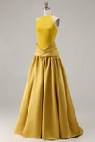 Bronze A Line Halter Satin Ruched Open Back Long Prom Dress