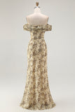 Champagne Flower Off The Shoulder Print Sheath Maxi Dress