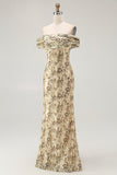 Champagne Flower Off The Shoulder Print Sheath Maxi Dress