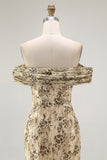 Champagne Flower Off The Shoulder Print Sheath Maxi Dress