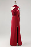 One-Shoulder Draped Long Bridesmaid Dress with Side Slit